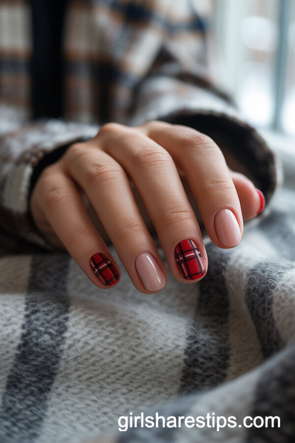 Red and Black Plaid Accent Short Nails