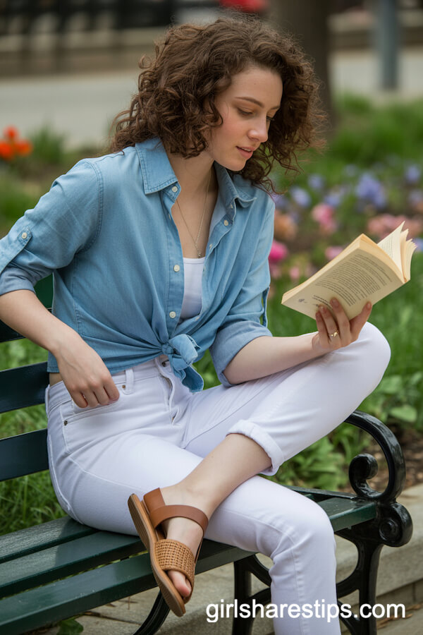 Chambray Shirt and White Jeans for Springtime Reading
