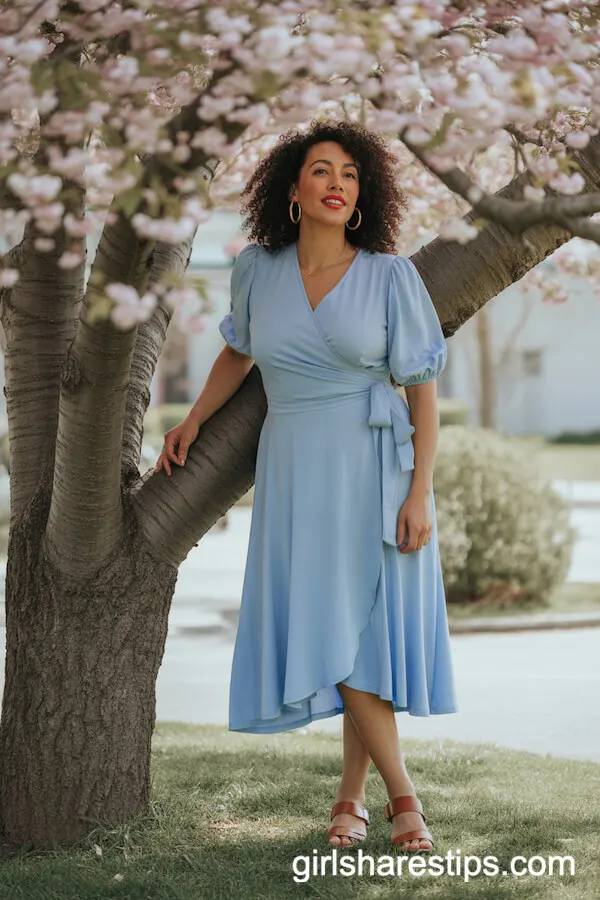 Light Blue Wrap Dress for Elegant Cherry Blossom Strolls