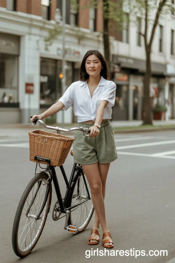 Paperbag Shorts and Crisp Button-Up for City Cycling