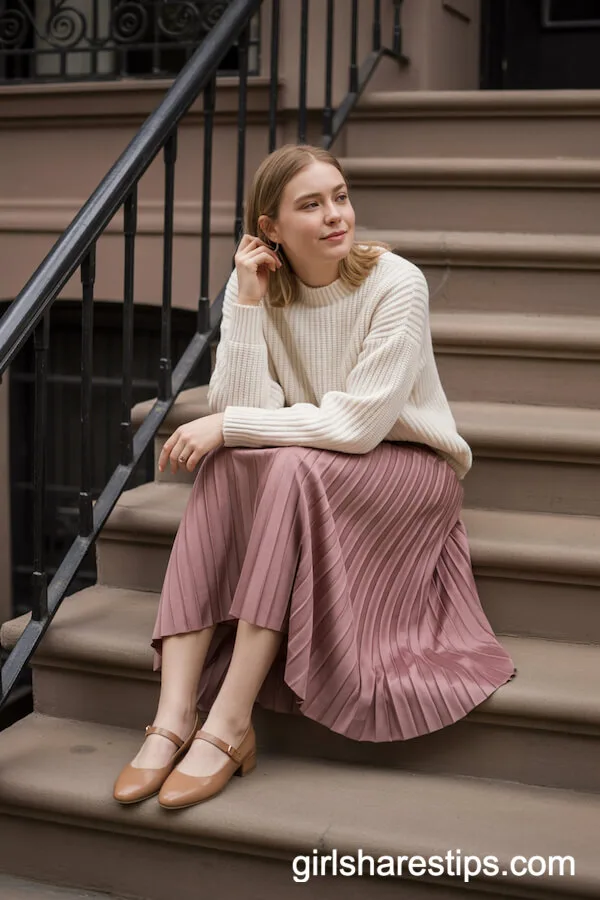 Soft Knit Sweater Pleated Midi Skirt