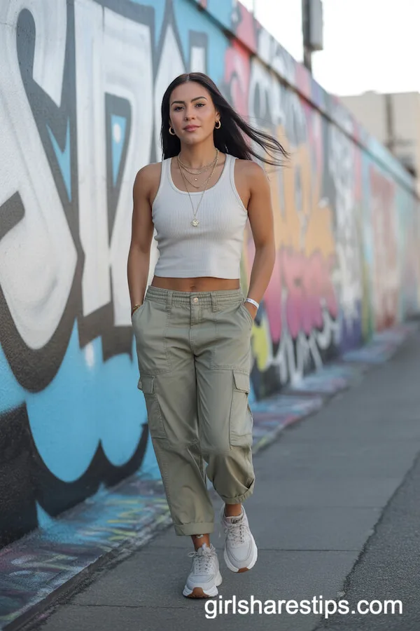 Khaki Cargo Pants and Ribbed Tank for Urban Spring Play