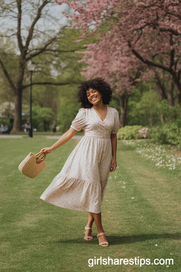 Pastel Floral Midi Dress for a Joyful Park Look