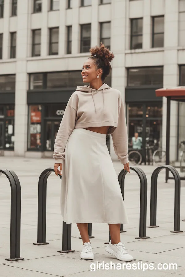 Cropped Hoodie White Midi Skirt