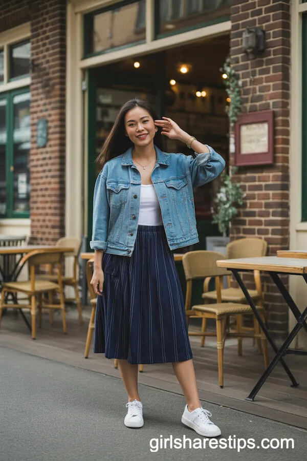Denim Jacket and Striped Midi Skirt
