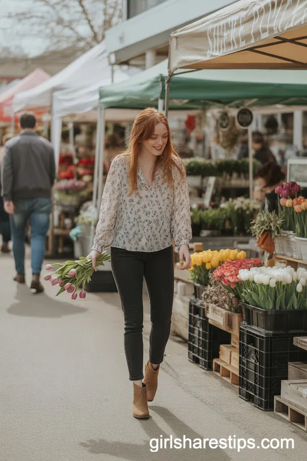 Flowy Floral Blouse and Skinny Jeans for Farmers Market Days