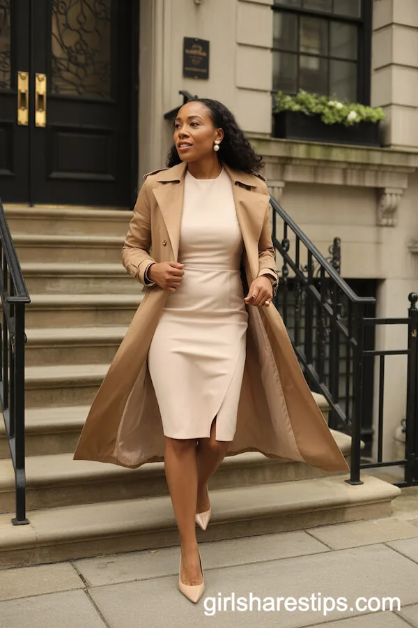 Chic Trench Coat Over a Sheath Dress for Urban Sophistication