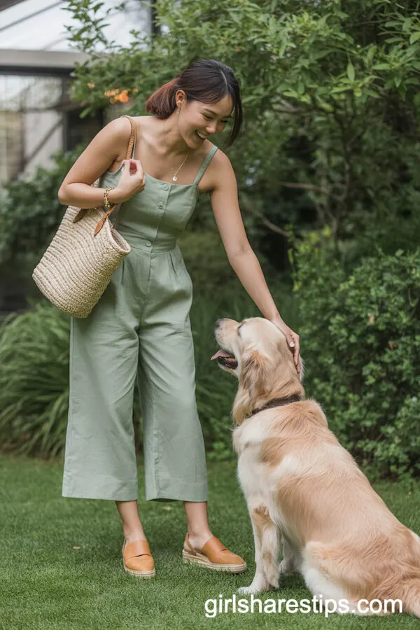 Sage Green Jumpsuit for a Playful Garden Vibe