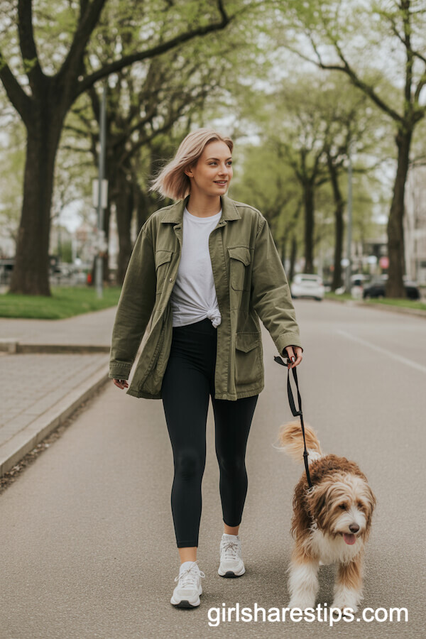 Olive Utility Jacket and Black Leggings