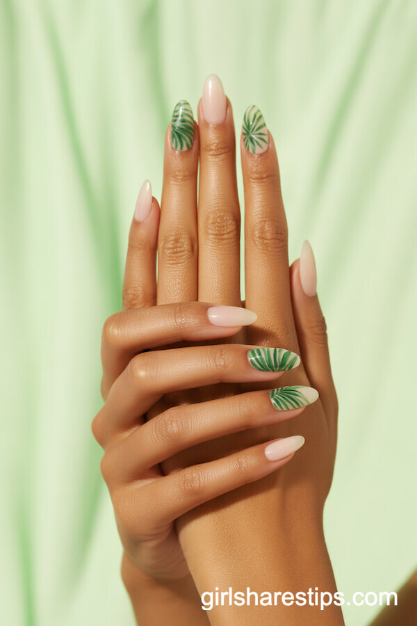 Tropical Palm Leaf Almond Nails