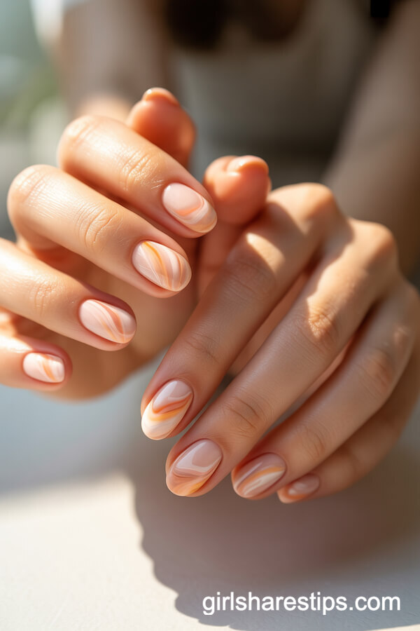 Peach Marble Effect Oval Nails
