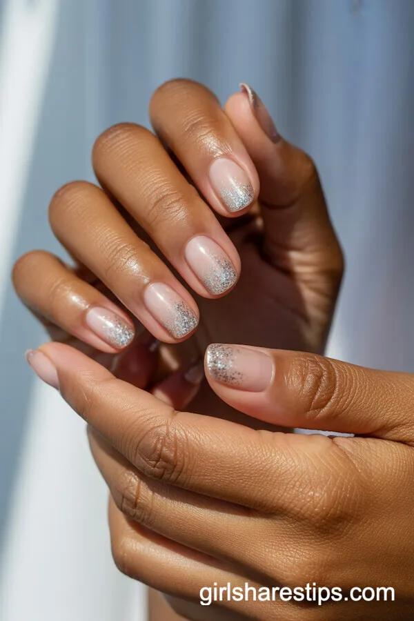 Nude to Silver Glitter Gradient Short Nails