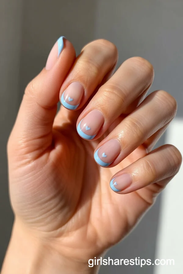 Baby Blue French Tips with Tiny Hearts