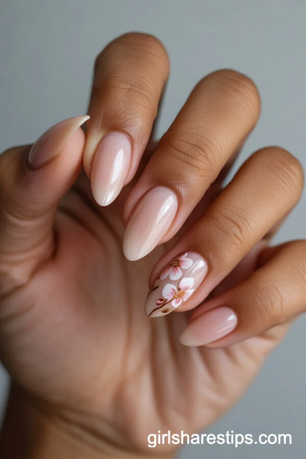 Peach Blossom Floral Almond Nails