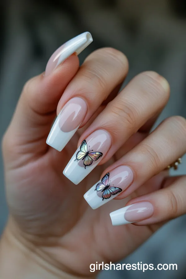 Milky Sheer Coffin Nails with Butterfly Decals