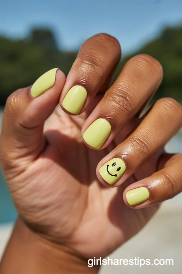 Pale Yellow Square Nails with Smiley Accent