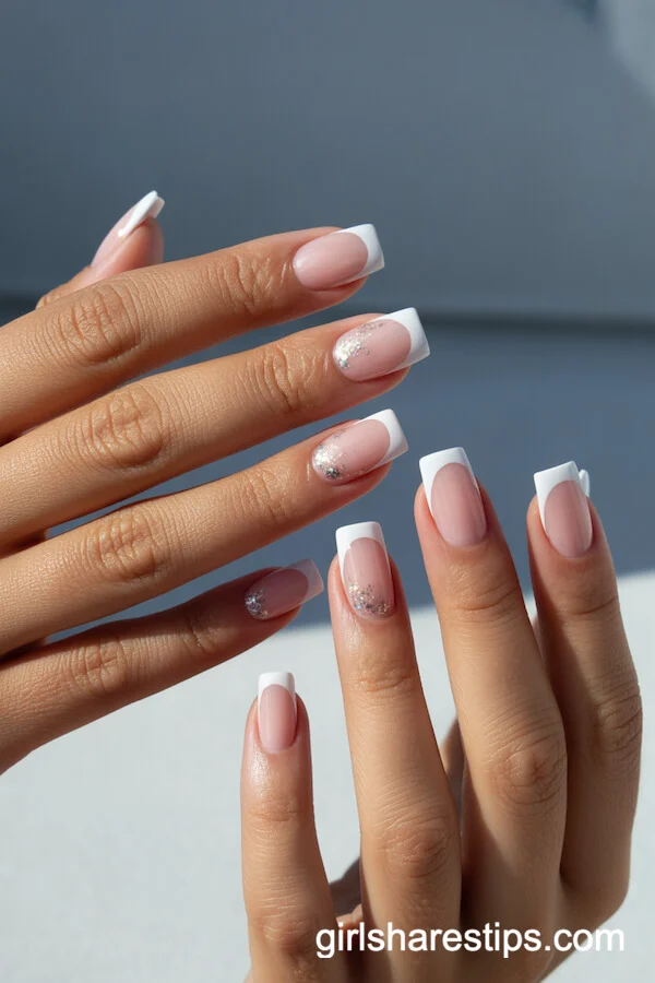 Diagonal French Tips with Glitter on Square Nails