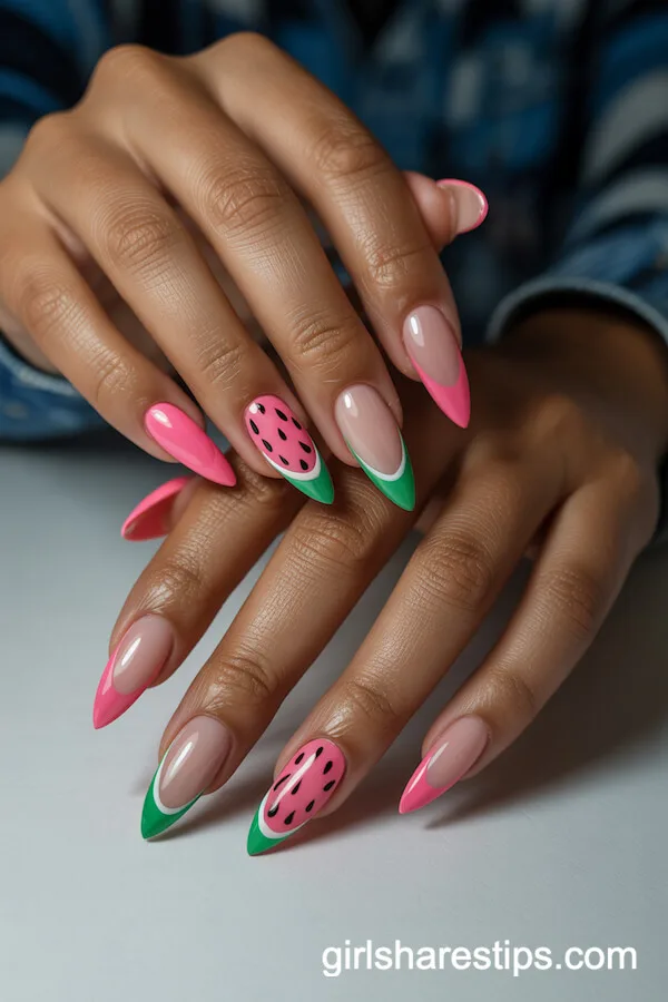 Watermelon Accent Stiletto Nails