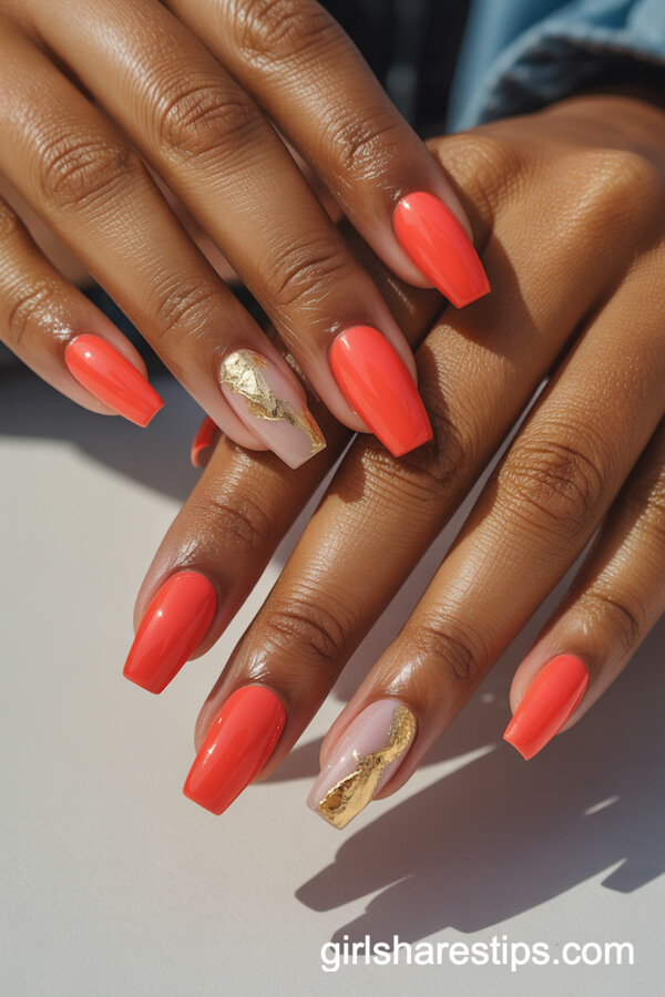 Coral Coffin Nails with Gold Foil Accents