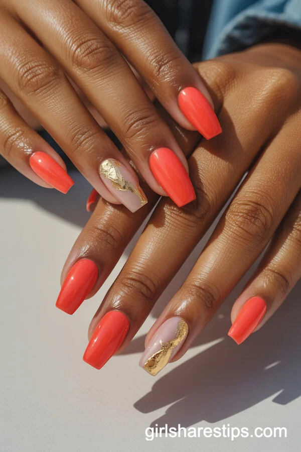 Coral Coffin Nails with Gold Foil Accents