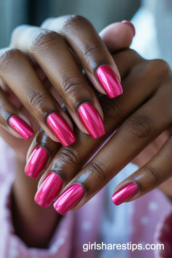 Hot Pink Chrome Square Nails