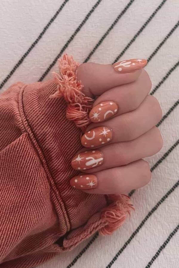 Terracotta Cactus and Star Western Nails