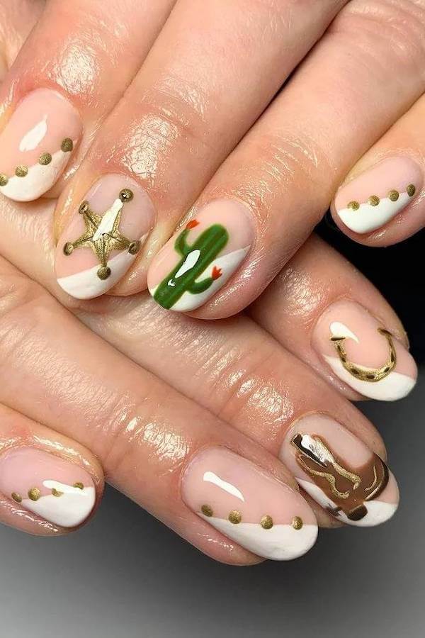 Gold Sheriff Star and Cactus Accent Nails