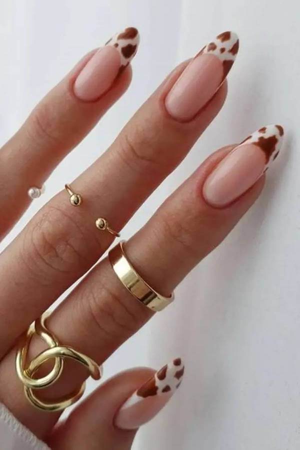 Brown Cow Print French Tip Nails