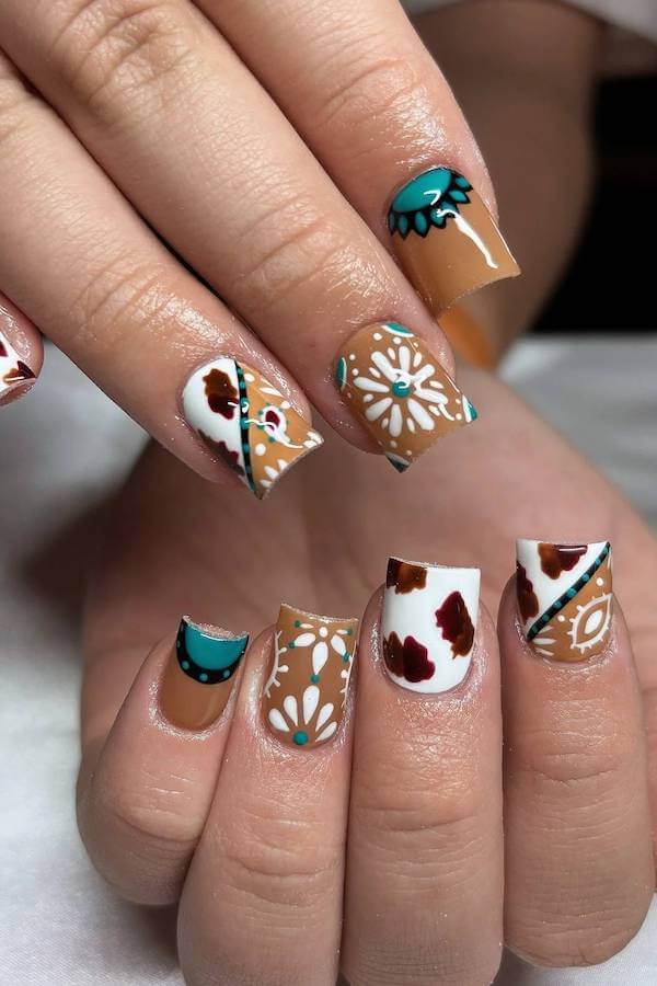 Boho Western Floral and Cow Print Nails