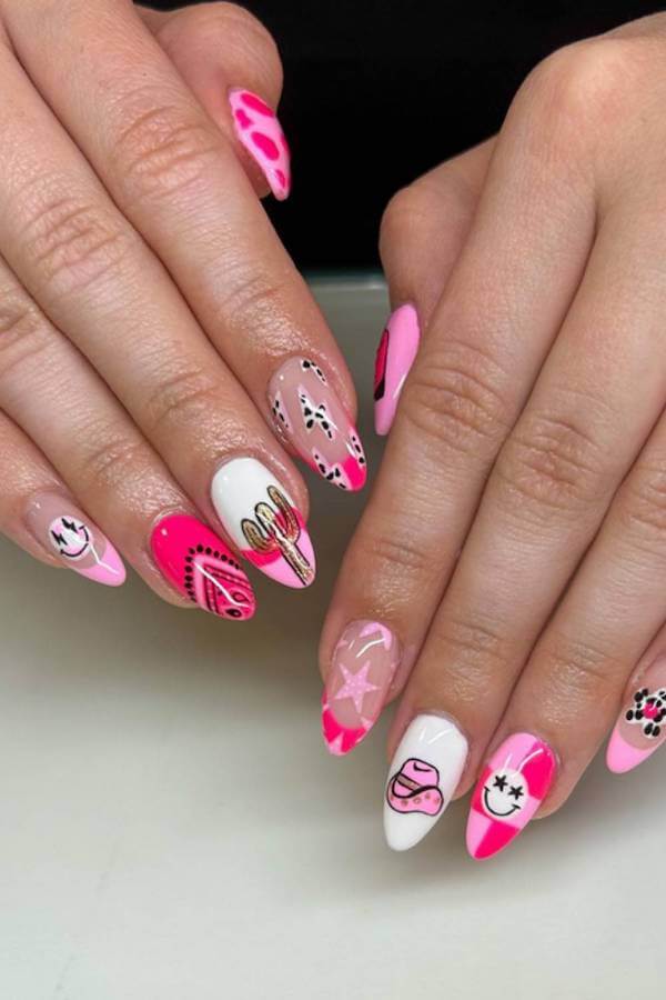 Pink Cactus and Smiley Western Nails