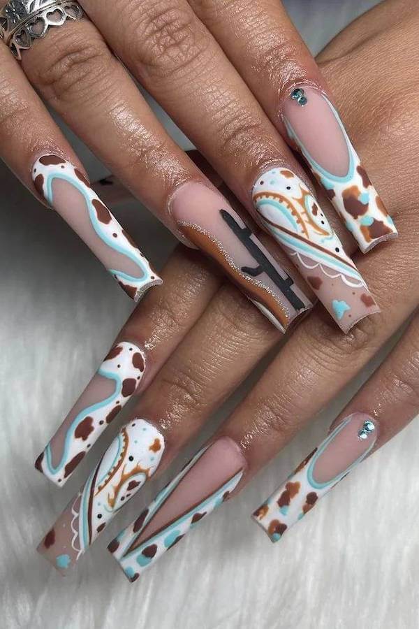 Turquoise Brown Cowgirl Nail Design