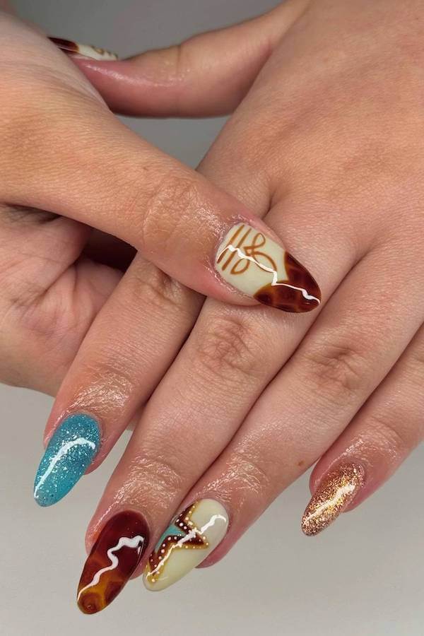 Blue and Gold Western Inspired Nails