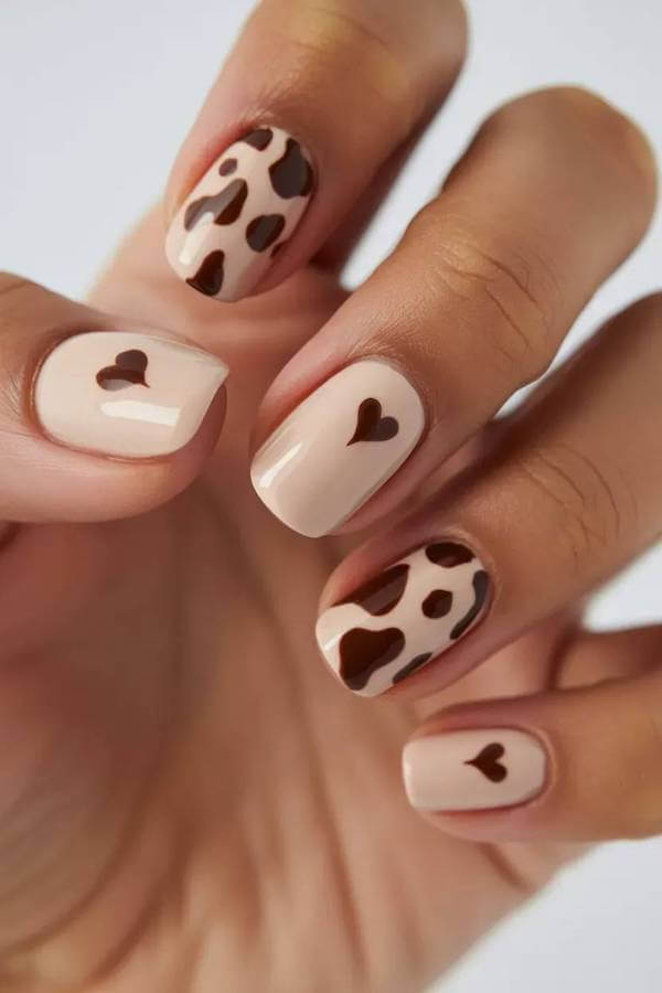 Cow Print and Heart Nails