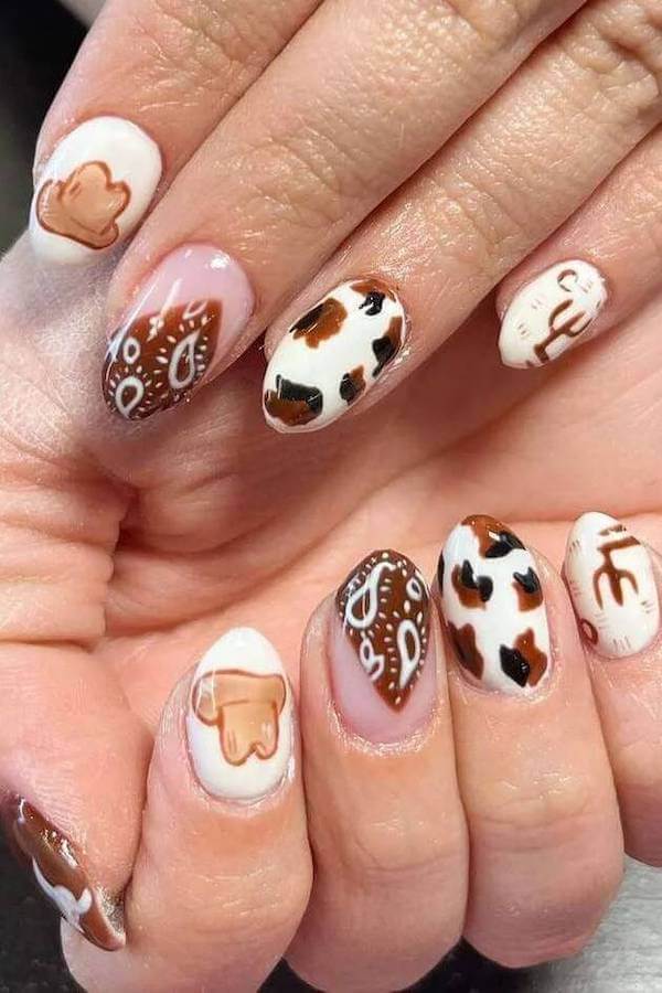 Western Paisley and Cow Print Nails
