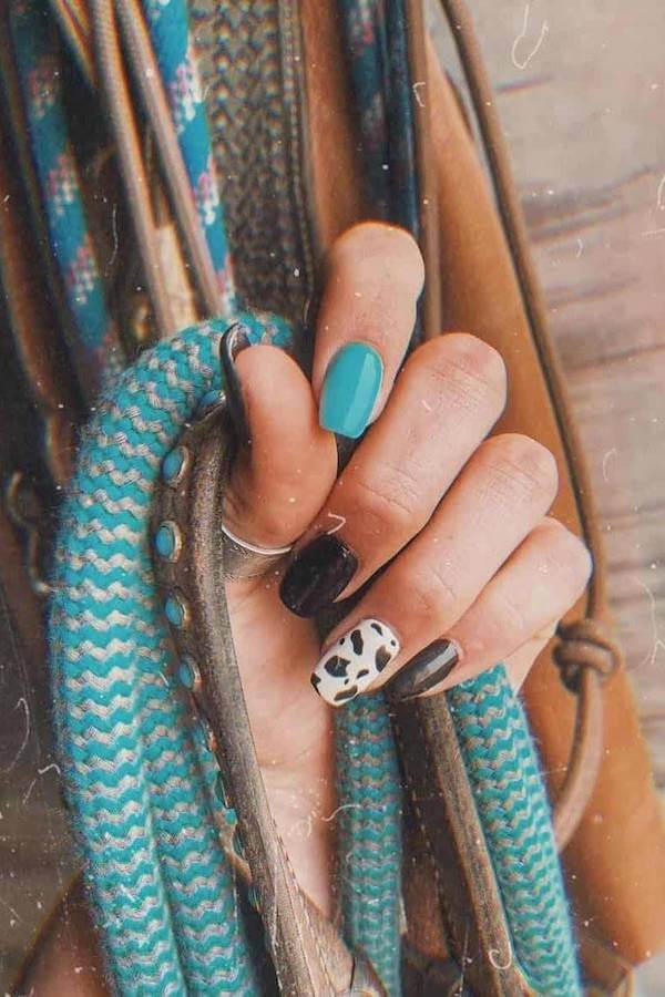Turquoise and Cow Print Western Nails