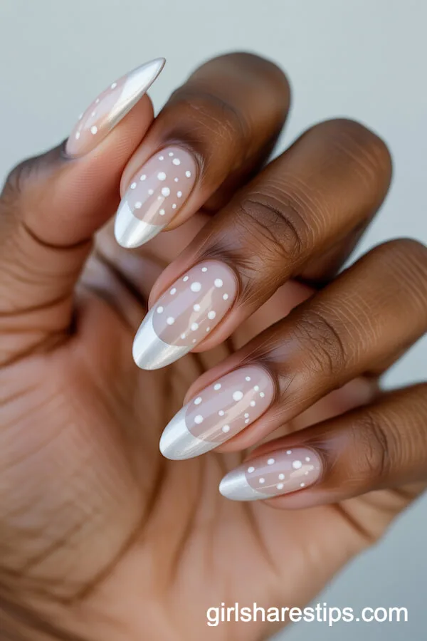 Minimal Snow-Dotted Almond Nails