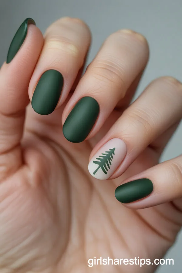 Pine Tree Accent on Matte Green Oval Nails