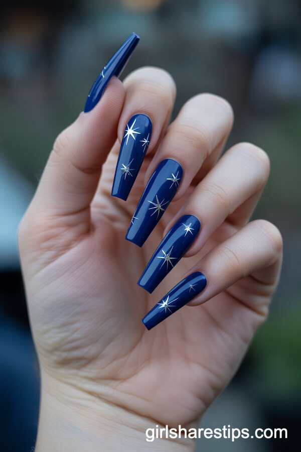 Midnight Blue Coffin Nails with Silver Star Accents