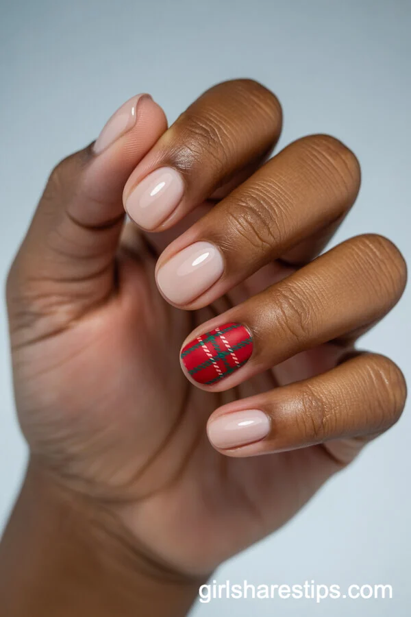 Matte Nude Nails with Plaid Winter Accent
