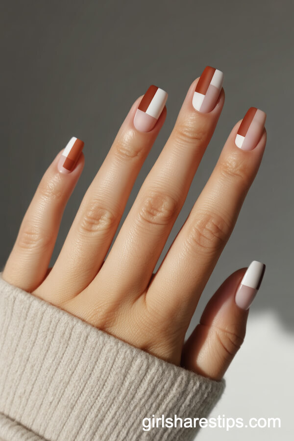 Geometric Brown and White Color Block Nails