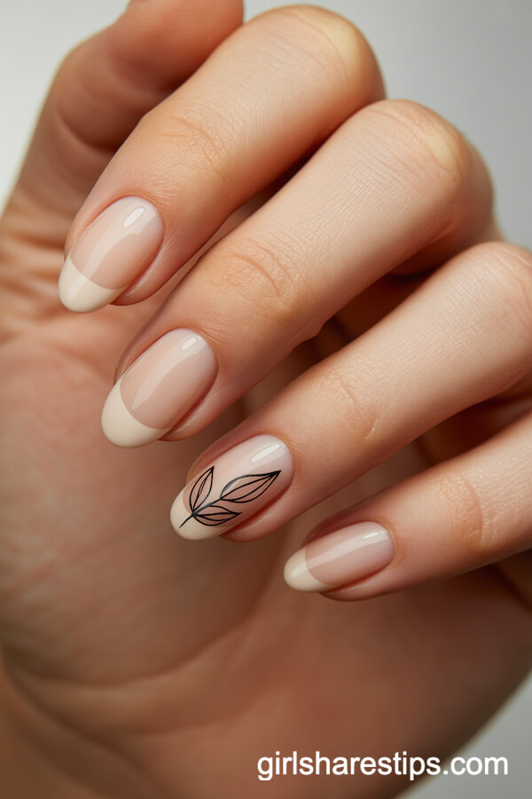 Minimal Black Leaf Art on Sheer Nude Almond Nails