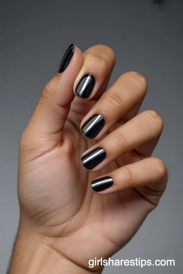 Glossy Black Short Nails with Silver Stripes