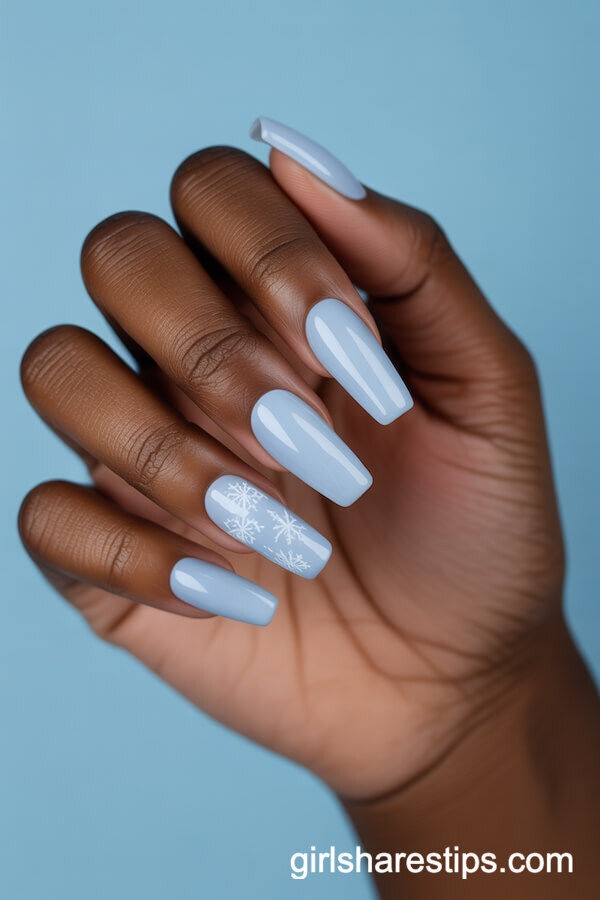 Icy Blue Coffin Nails with Snowflake Accents