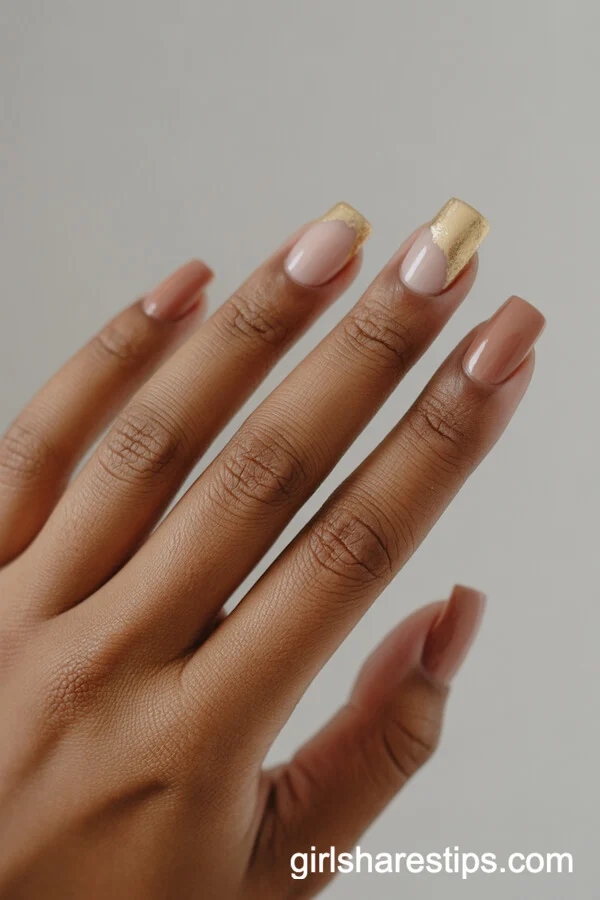 Warm Nude Square Nails with Gold Foil Accents