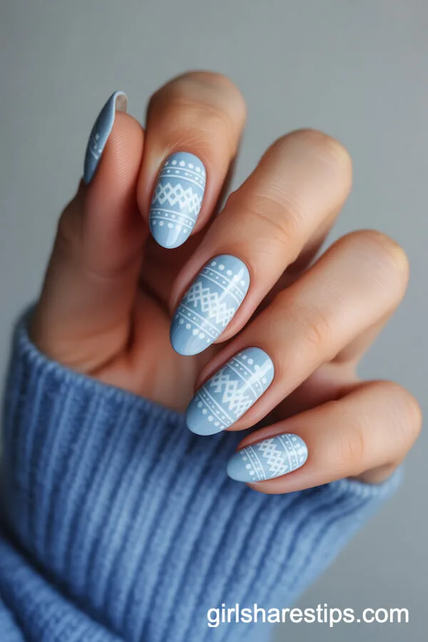Pale Blue Almond Nails with Scandinavian Folk Patterns