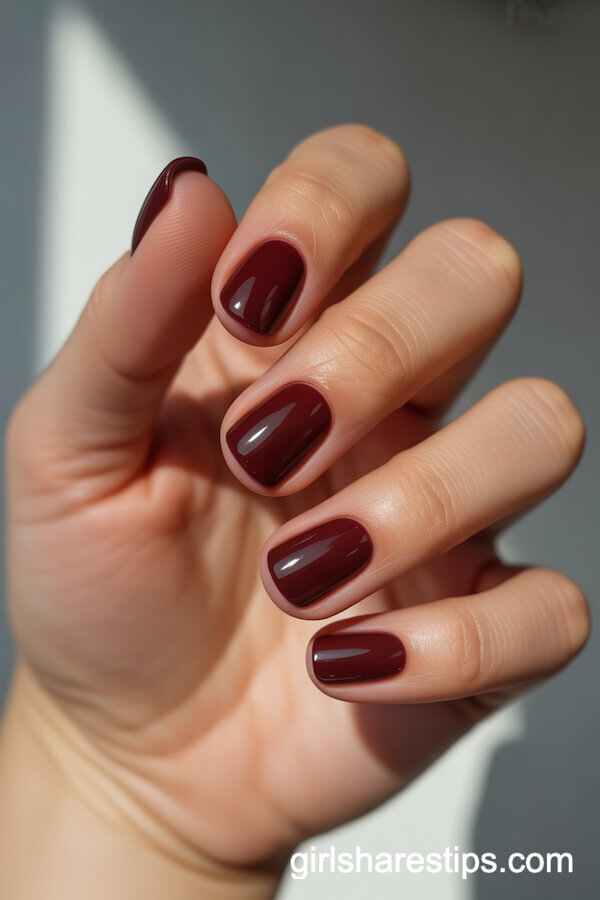 Glossy Burgundy Squoval Nails for the Season