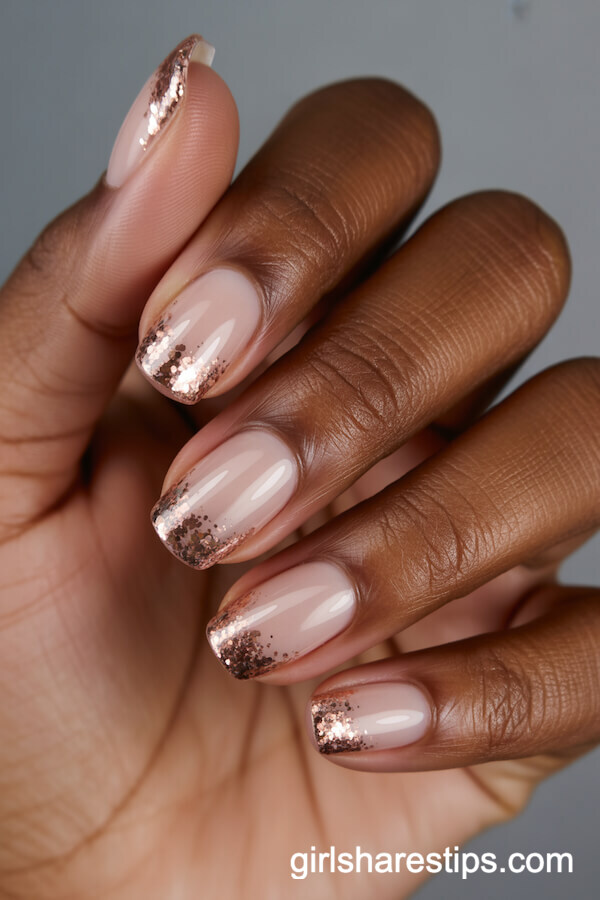 Ombre Rose Gold Glitter Tips for Squoval Nails