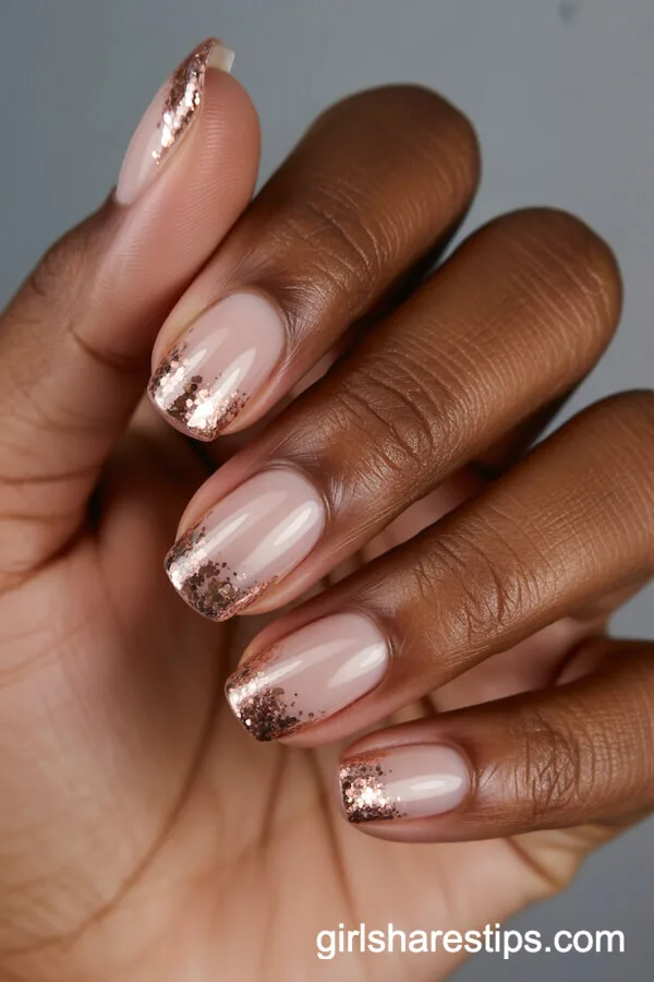 Ombre Rose Gold Glitter Tips for Squoval Nails