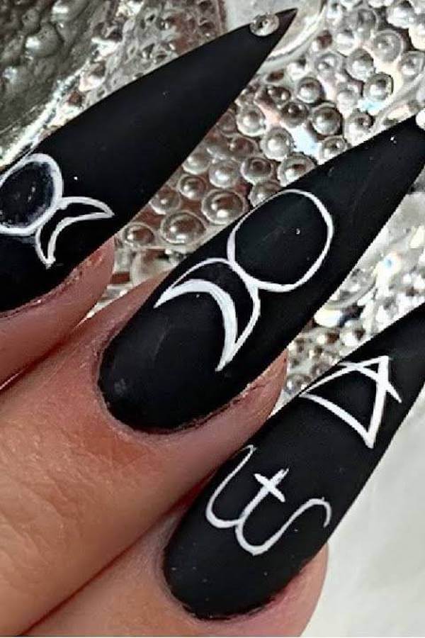 Black Matte Nails with Mystical Symbols