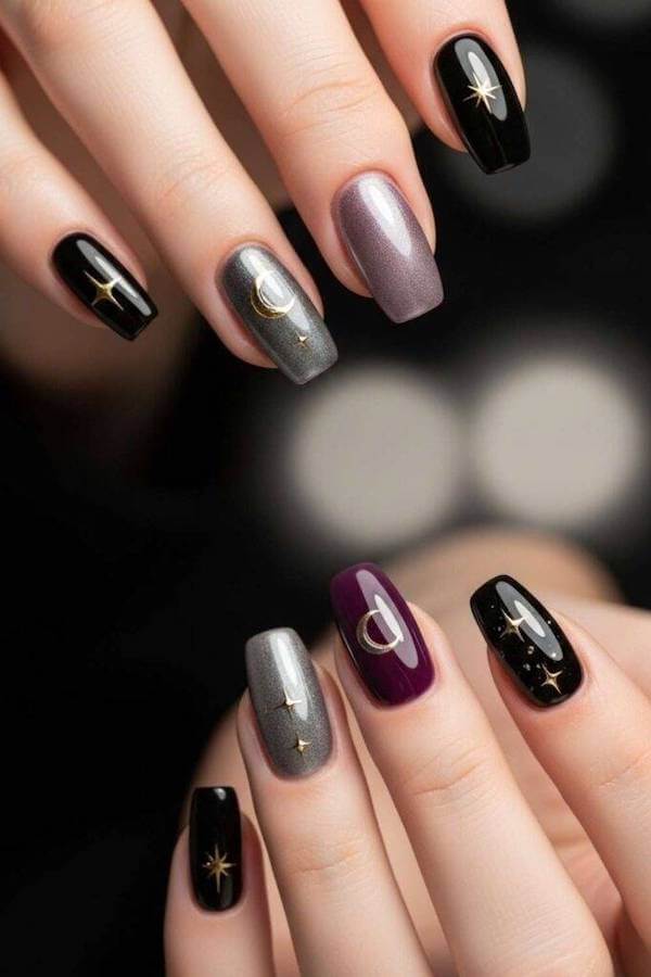 Moon and Star Accent Witch Nails